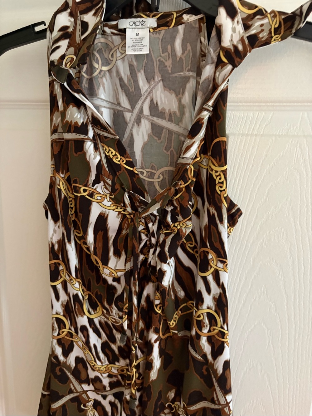 Cache Brown Olive Chain-Print Sleeveless V-Neck Tie Tank